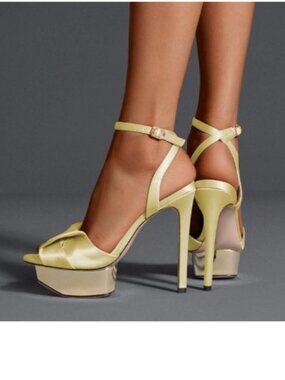 FYS Light Yellow Platform Ankle Strap Peep Toe Stiletto high Heels Satin Sandals